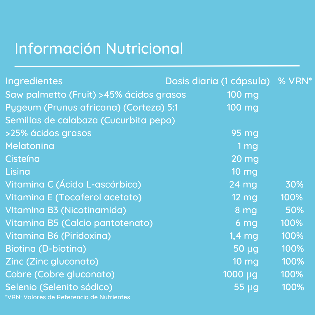 Informacion nutricional Cabello anticaida forte avanceutics capsulas anticaida capilar hombre y mujer alopecia androgenetica pastillas para la caida del pelo o cabello tratamiento mejor pastillas para el pelo crecimiento y fortalece serenoa repens saw palmetto semilla de calabaza cucurbita pepo pygeum o ciruelo afrucano vitaminas b3 nicotinamida biotina vitamina c zinc selenio cobre cisteina lisina melatonina