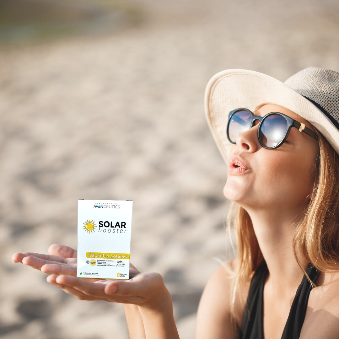 Solar booster avanceutics capsulas solares nutricosmetica natural y holistica capsulas vegetales y veganas proteccion solar oral heliocare 360 pastillas para el sol protector solar fotoproteccion cuidado de la piel pastillas o capsulas antienvejecimiento polipodium leucotomos astaxantina antioxidantes naturales lactobacillus rhamnosus luteina vitaminas c d e y b3 nicotinamida inulina